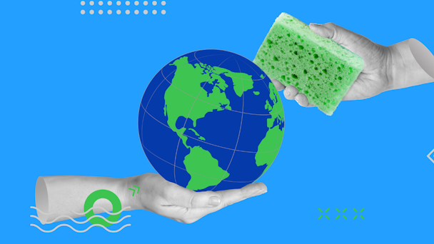 Clean planet collage with Earth and hands with sponge Clean planet collage with Earth and hands with sponge