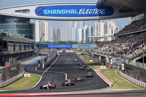 Formula E cars on the track in Singapore Formula E cars on the track in Singapore