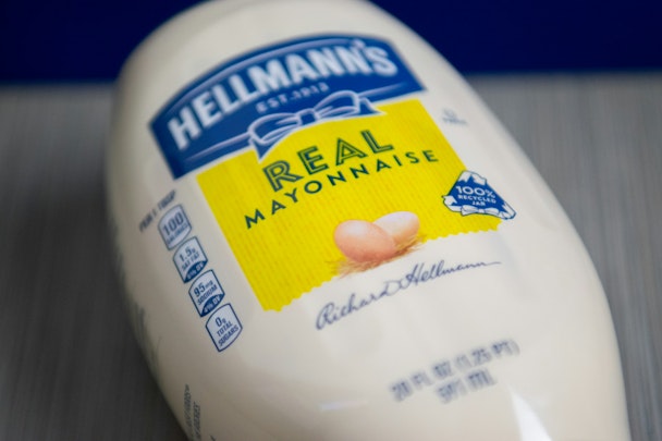 A bottle of Hellmann's mayonnaise A bottle of Hellmann's mayonnaise