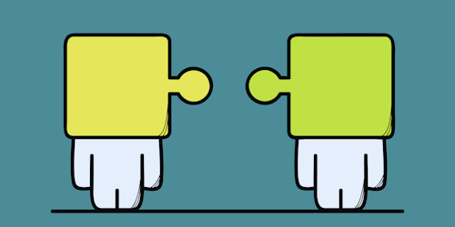 Illustration of figures with puzzle piece heads Illustration of figures with puzzle piece heads