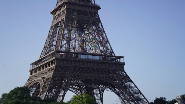 The Eiffel Tower featuring the Olympic logo The Eiffel Tower featuring the Olympic logo