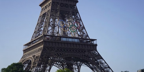 The Eiffel Tower featuring the Olympic logo The Eiffel Tower featuring the Olympic logo
