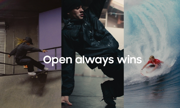 Skate, break and surf images with Open Always Wins written over the top Skate, break and surf images with Open Always Wins written over the top