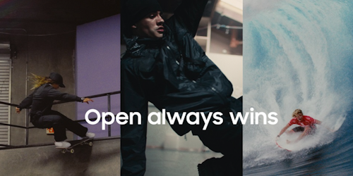 Skate, break and surf images with Open Always Wins written over the top Skate, break and surf images with Open Always Wins written over the top