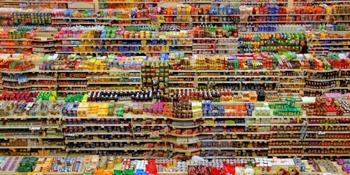 Busy, multicolored supermarket shelves seen from high up Busy, multicolored supermarket shelves seen from high up