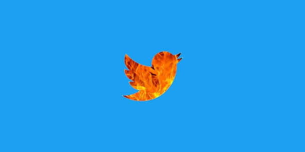 The Twitter logo, with the white bird replaced by flames The Twitter logo, with the white bird replaced by flames